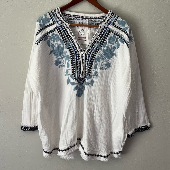 Johnny Was Vedera Gauze Blouse White Blue Sz XL IT HAS POCKETS!! - Picture 7 of 14